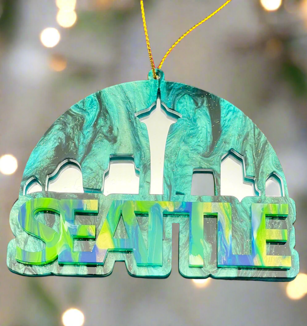 Seattle City Skyline Ornament - Mirror Green Swirl