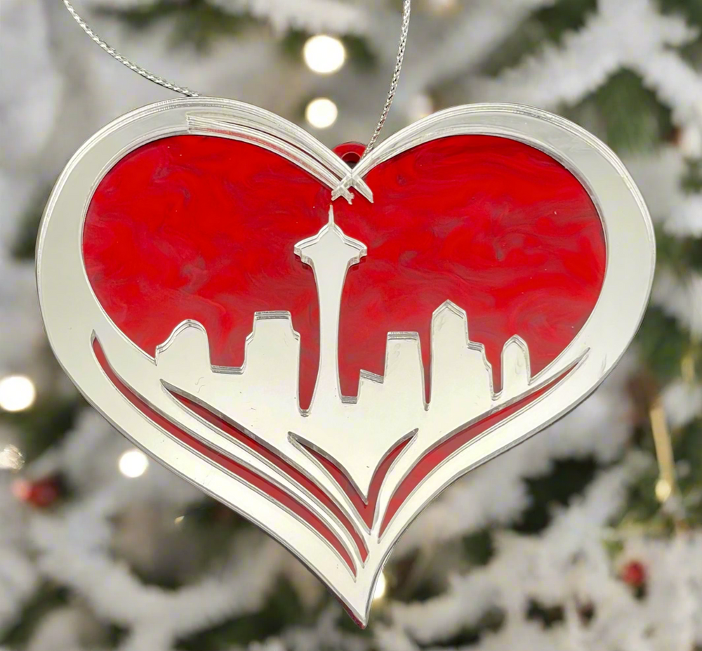 Seattle City Skyline Heart Ornament - Mirror Red
