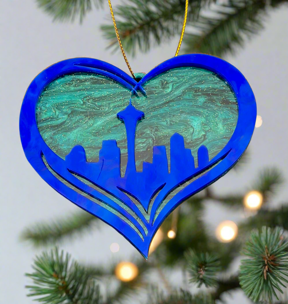 Seattle City Skyline Heart Ornament - Blue Green