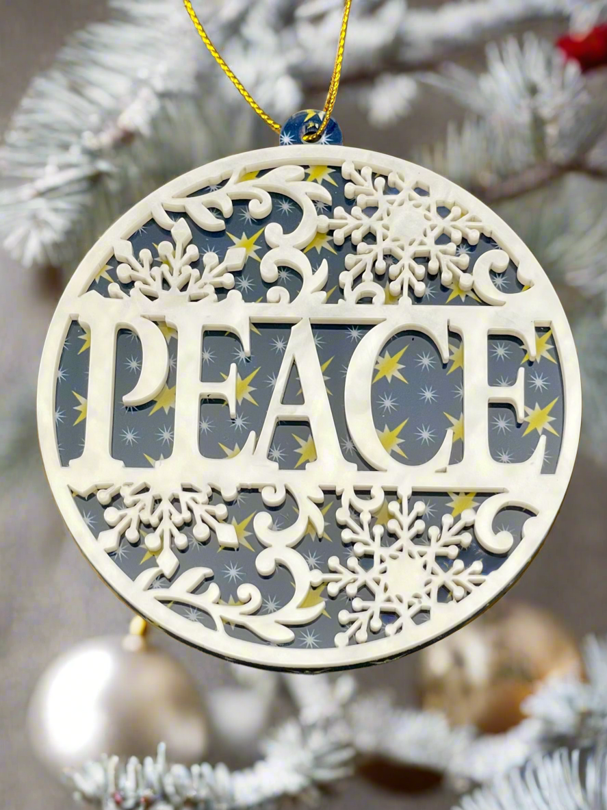 ‘Peace’ Holiday Ornament - White Swirl Stars