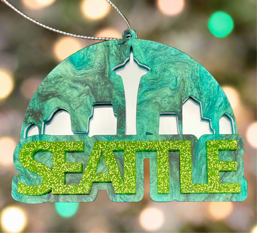 Seattle City Skyline Under the Dome Ornament - Blue Green