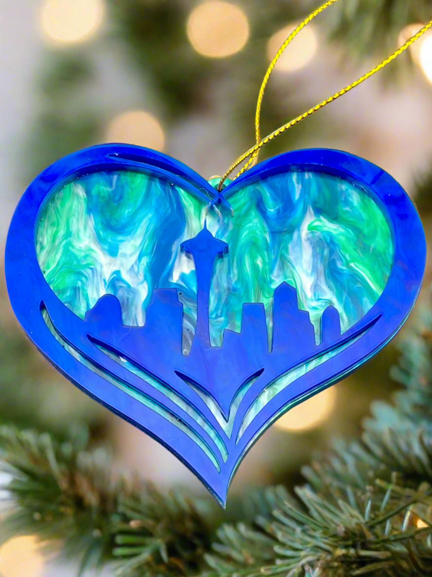Seattle City Skyline Heart Ornament - Blue Swirl