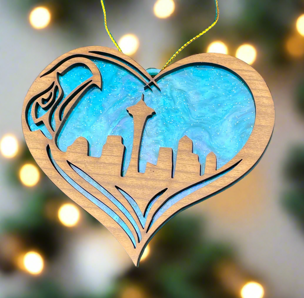 Seattle City Skyline Heart Ornament Blue Wood