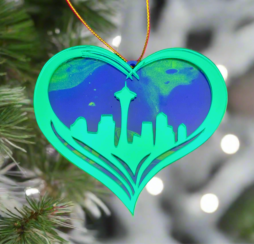 Seattle City Skyline Heart Ornament - Green Mirror Swirl