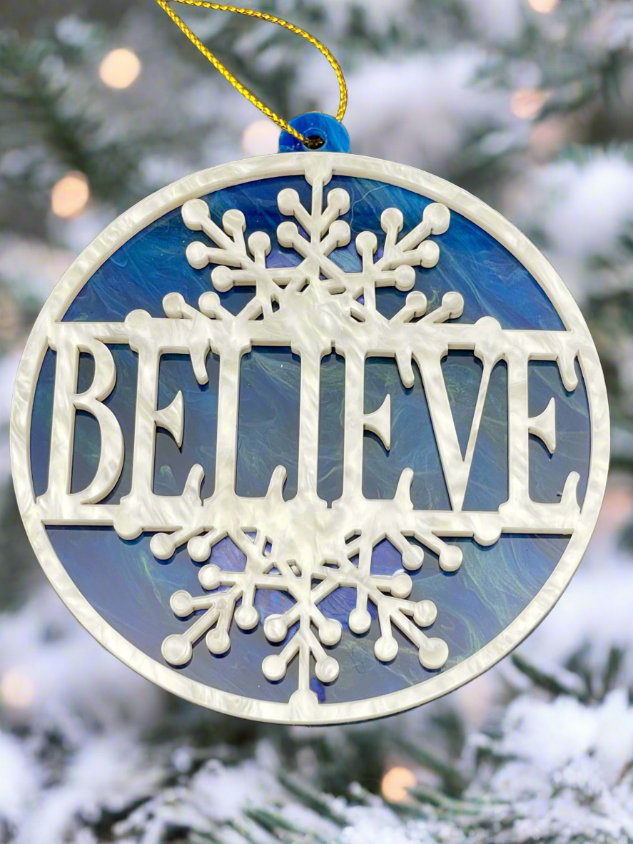 ‘Believe’ Holiday Ornament White Swirl Blue Swirl