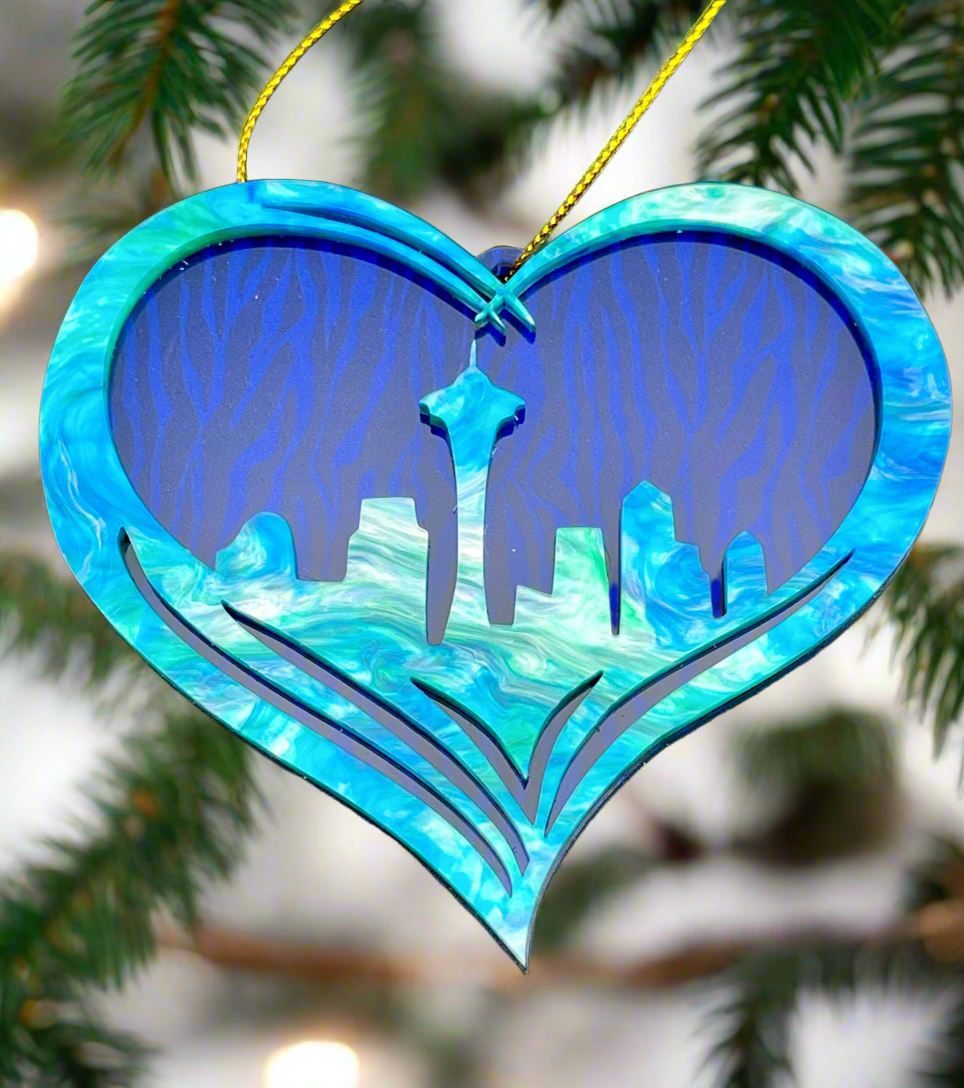 Seattle City Skyline Heart Ornament - Blue Zebra