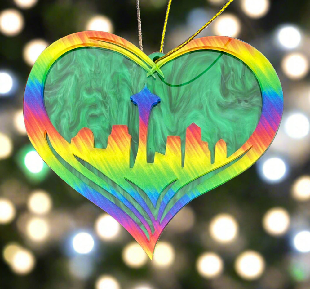 Seattle City Skyline Heart Ornament - Pride Green Swirl