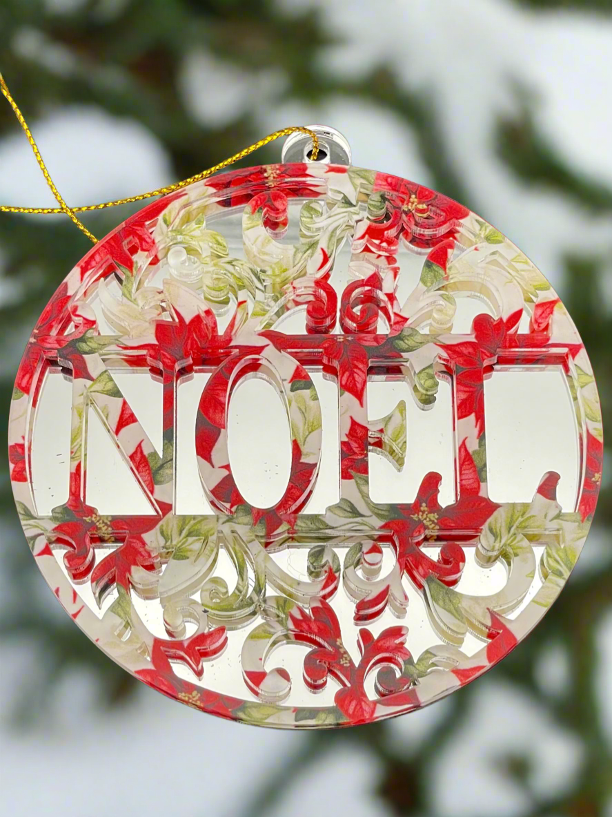 ‘Noel’ Holiday Ornament - Mirror with Poinsettias