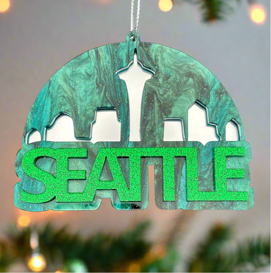 
                  
                    Seattle City Skyline Under the Dome Ornament - Blue Green
                  
                