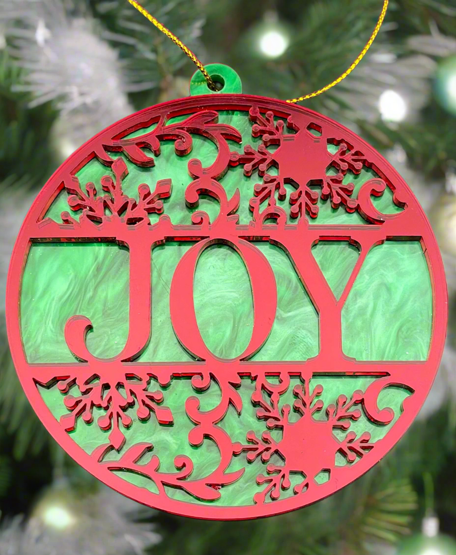 ‘Joy’ Holiday Ornament - Red Mirror Green Swirl