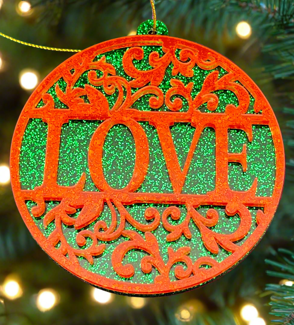 ‘Love’ Holiday Ornament - Red Mirror Glitter Green