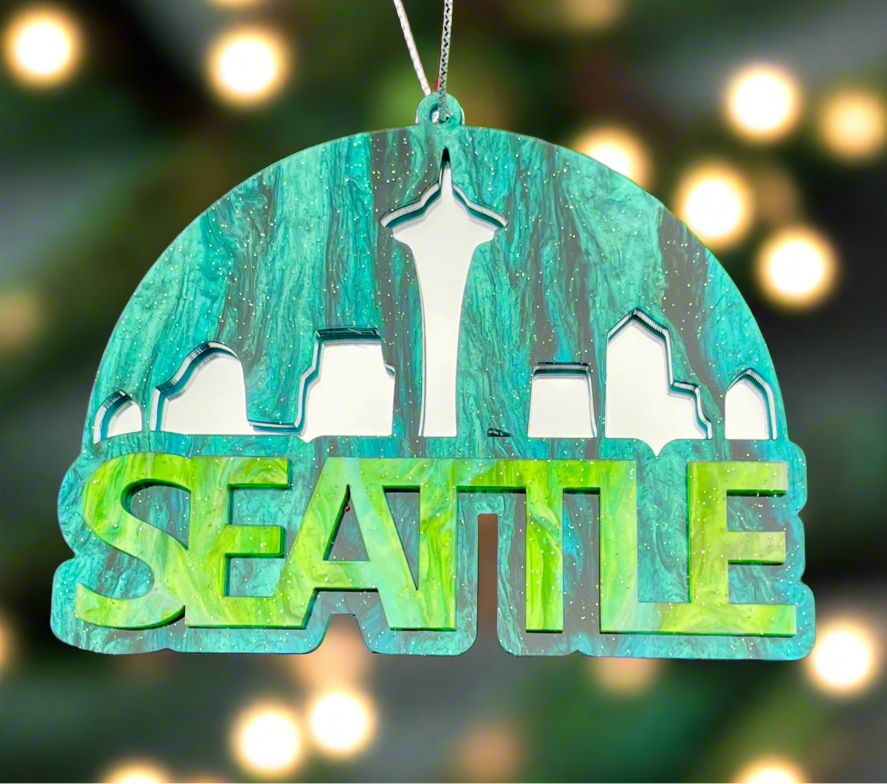 
                  
                    Seattle City Skyline Under the Dome Ornament - Blue Green
                  
                